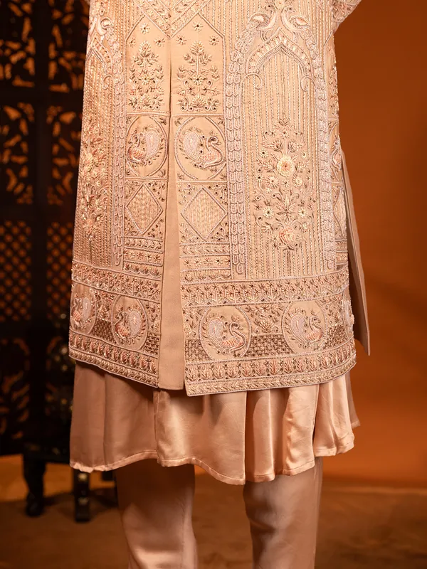 Heavy worked cream silk wedding sherwani for groom