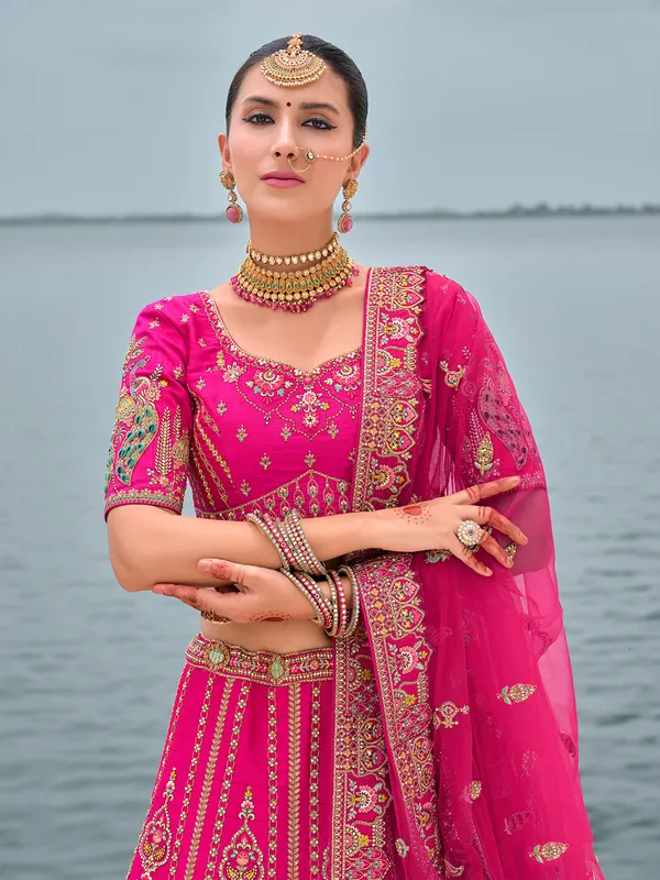Heavy worked pink silk unstitched lehenga choli
