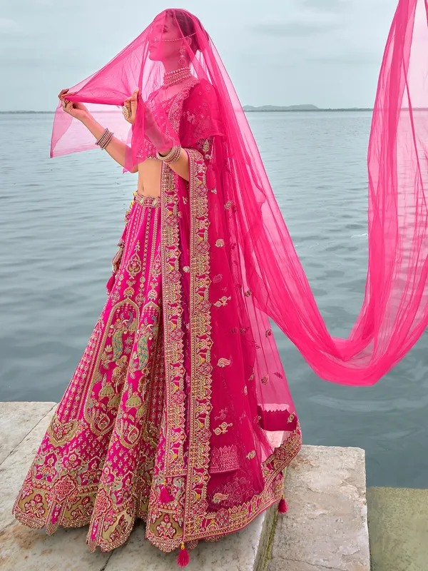 Heavy worked pink silk unstitched lehenga choli