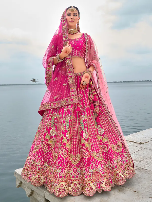 Heavy worked pink silk unstitched lehenga choli