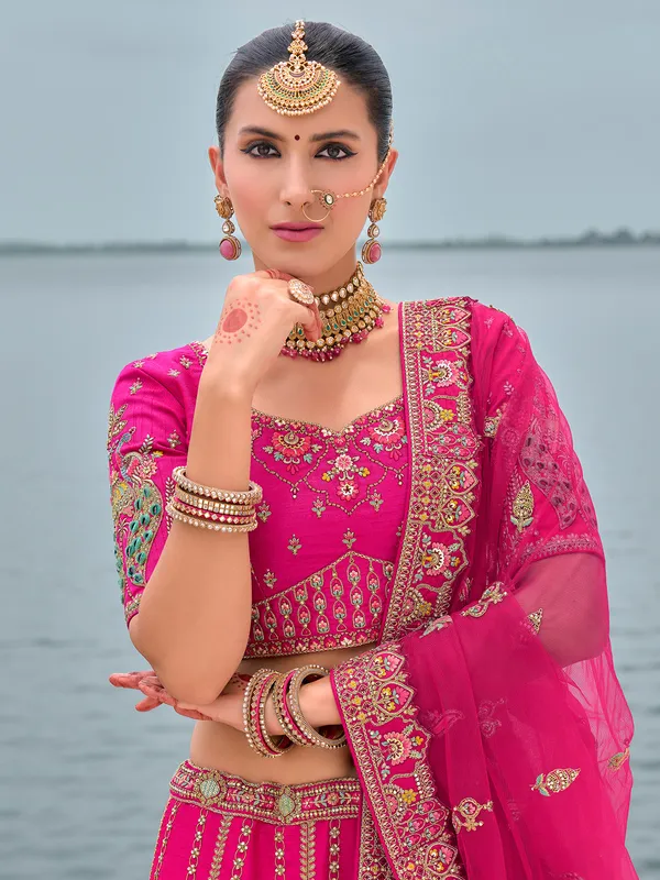 Heavy worked pink silk unstitched lehenga choli