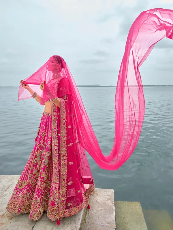 Heavy worked pink silk unstitched lehenga choli