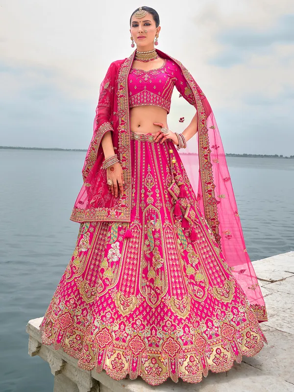 Heavy worked pink silk unstitched lehenga choli