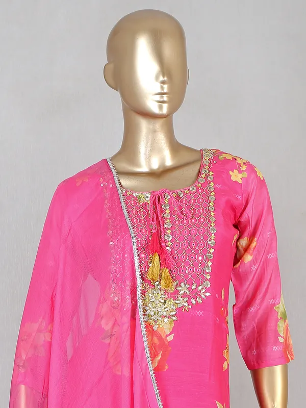 Hot pink cotton printed pant suit for festive