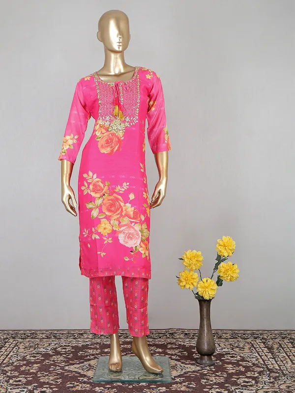 Hot pink cotton printed pant suit for festive