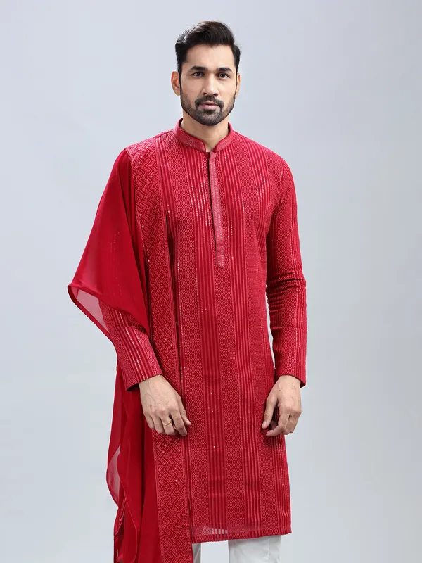 Hot pink embroidery kurta set with dupatta for men
