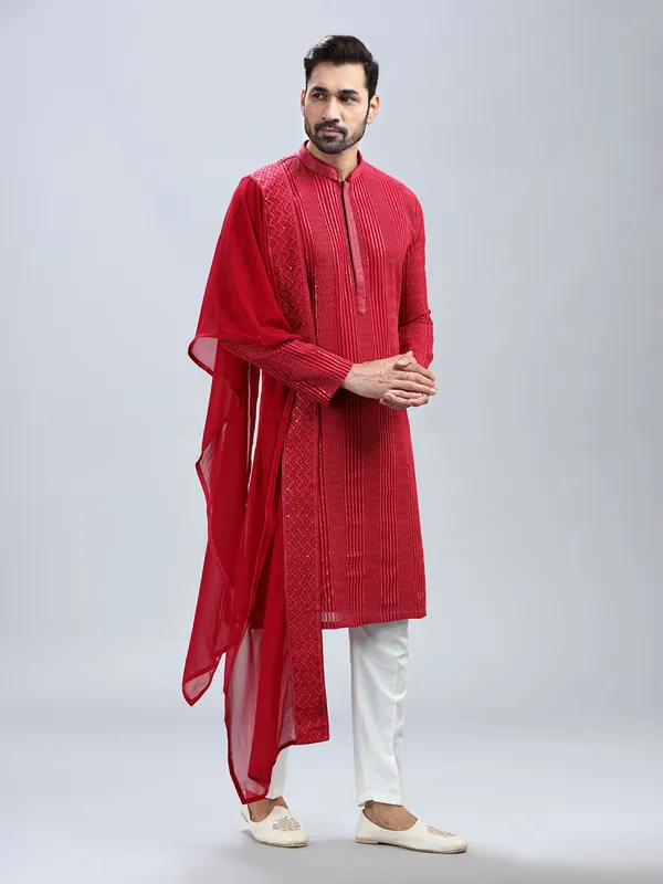 Hot pink embroidery kurta set with dupatta for men