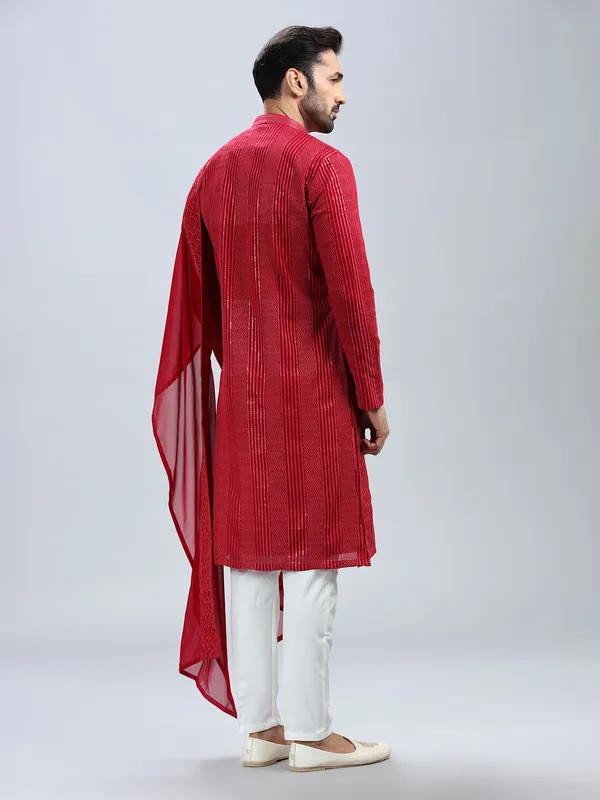 Hot pink embroidery kurta set with dupatta for men