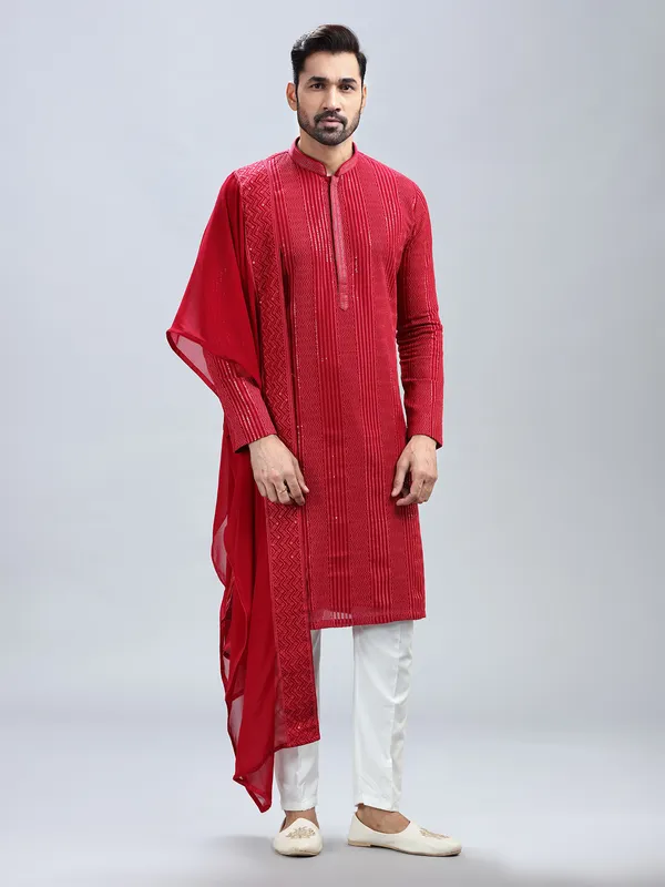 Hot pink embroidery kurta set with dupatta for men