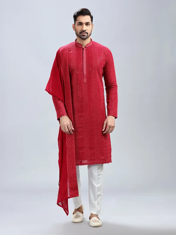Hot pink embroidery kurta set with dupatta for men