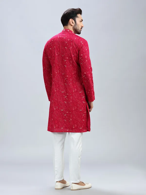Hot pink georgette kurta set for men