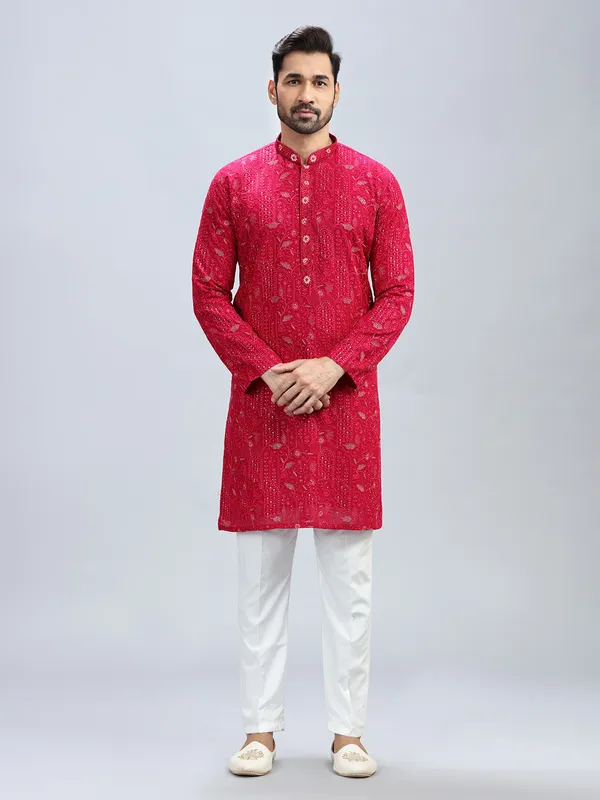Hot pink georgette kurta set for men