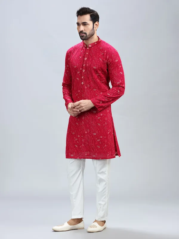 Hot pink georgette kurta set for men