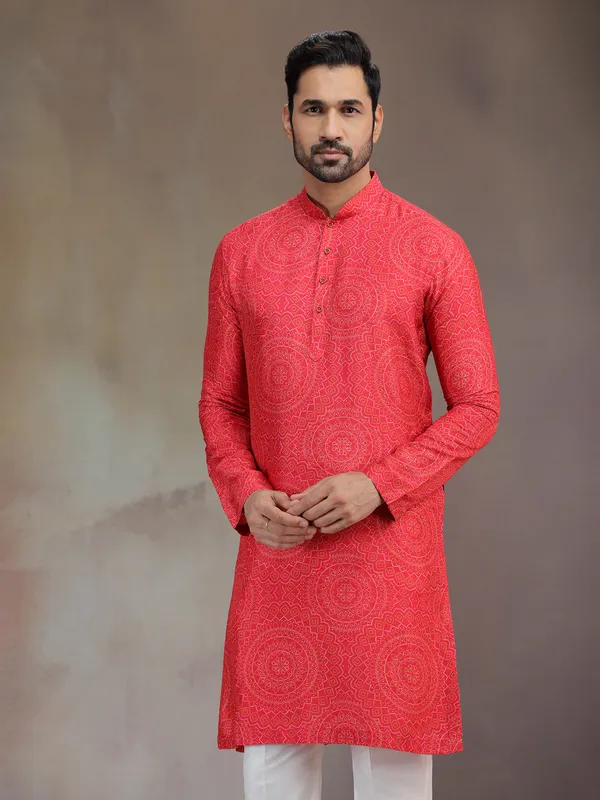 Hot pink printed silk kurta suit for men