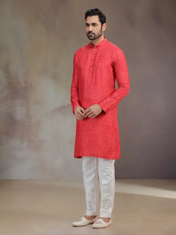 Hot pink printed silk kurta suit for men