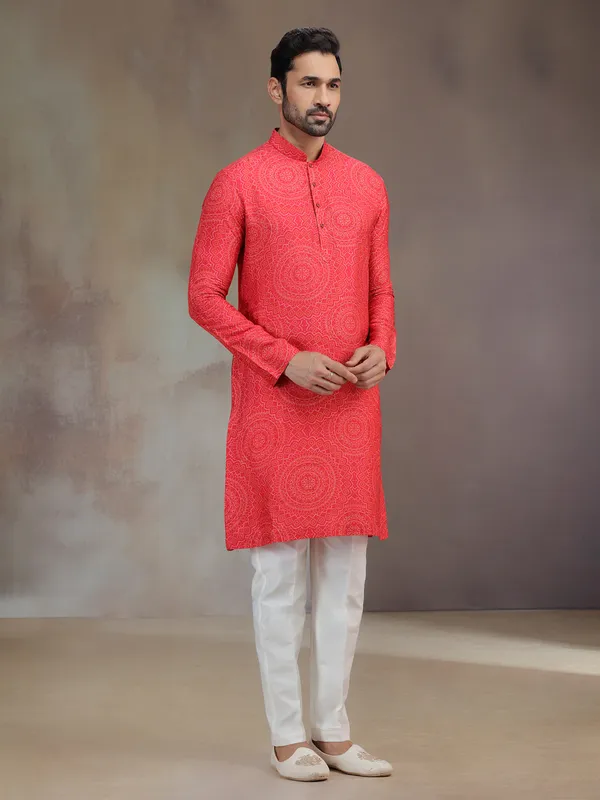 Hot pink printed silk kurta suit for men