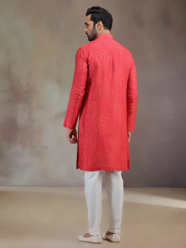 Hot pink printed silk kurta suit for men