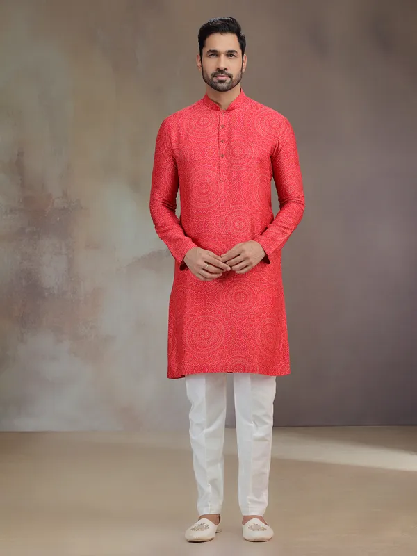 Hot pink printed silk kurta suit for men