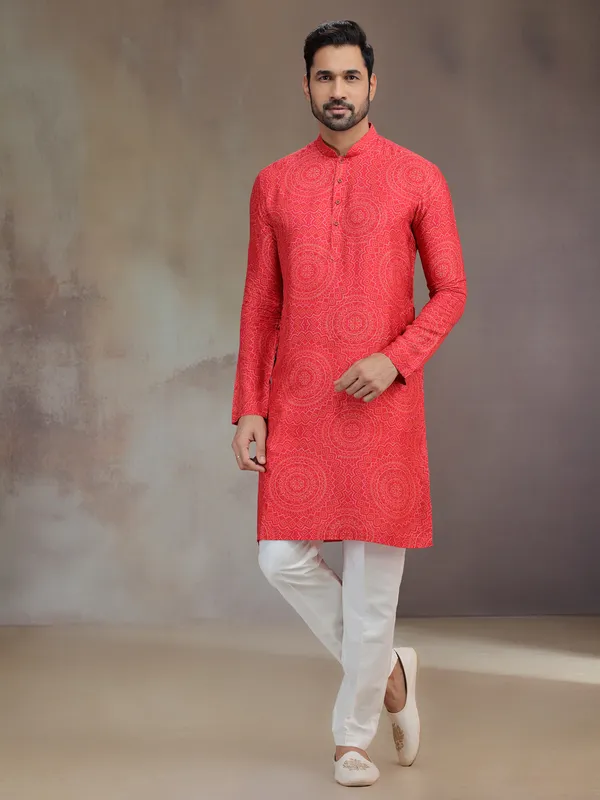 Hot pink printed silk kurta suit for men