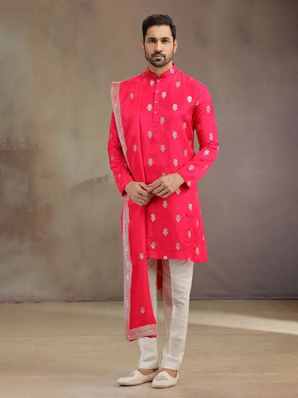 Hot pink silk men kurta pajama with dupatta