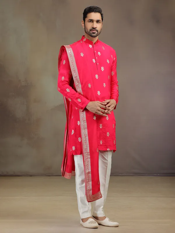 Hot pink silk men kurta pajama with dupatta