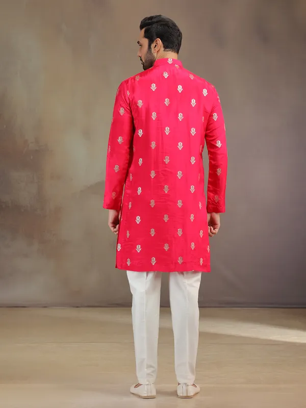 Hot pink silk men kurta pajama with dupatta