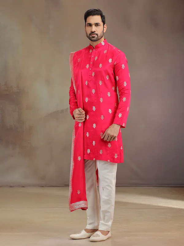 Hot pink silk men kurta pajama with dupatta