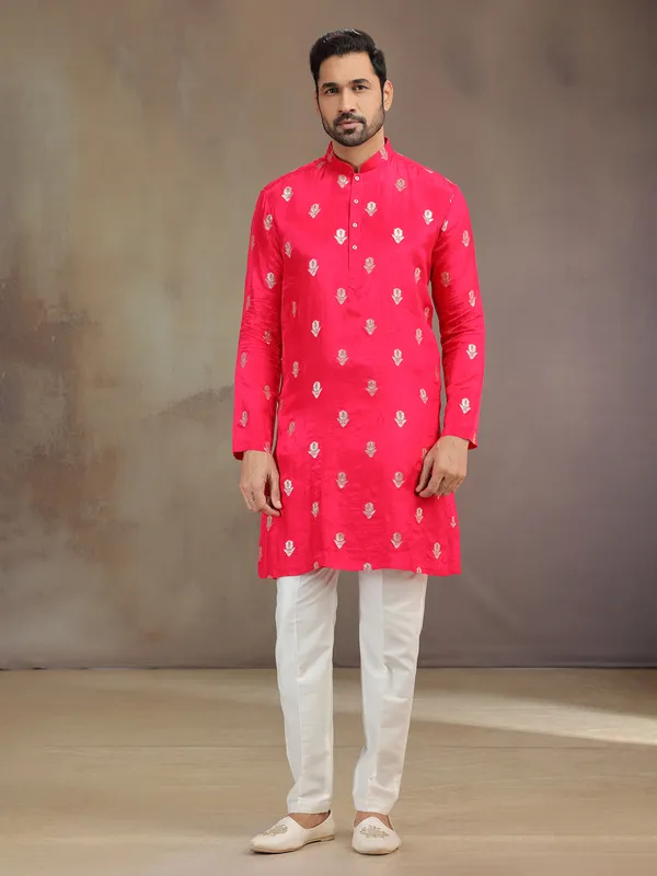 Hot pink silk men kurta pajama with dupatta