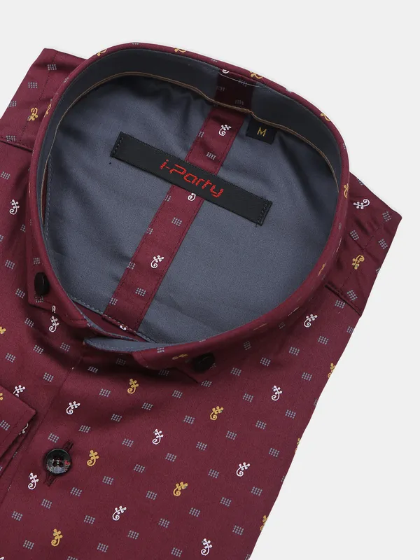 I Party printed maroon party wear cotton shirt
