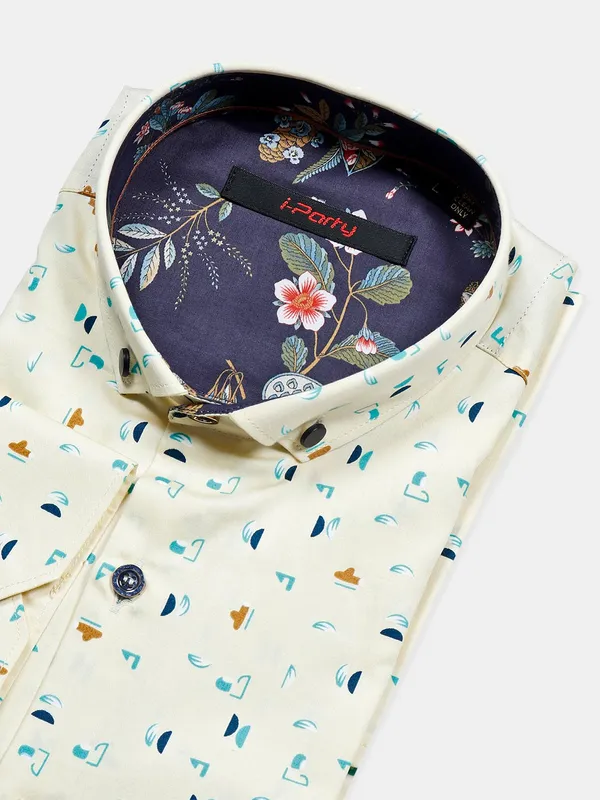 I Party printed style lemon yellow party wear cotton shirt