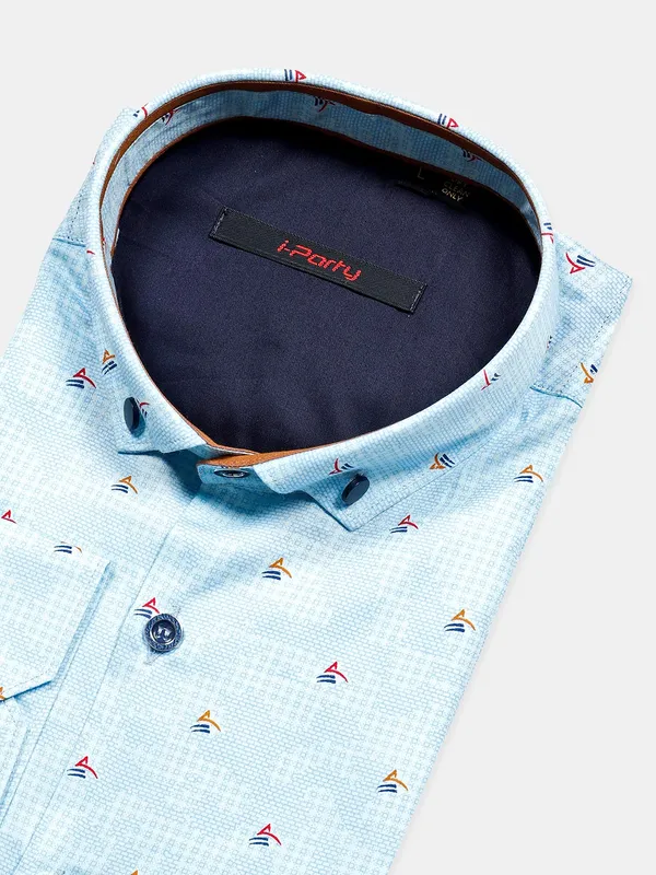 I Party sky blue printed cotton shirt