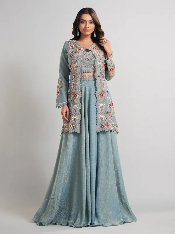 Ice blue designer jacket style silk palazzo suit