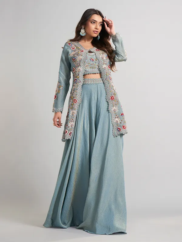 Ice blue designer jacket style silk palazzo suit