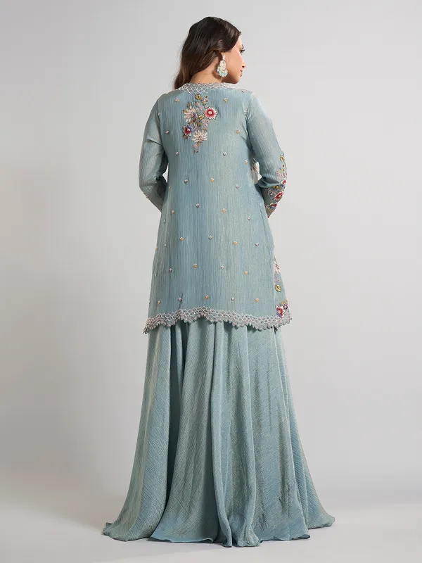 Ice blue designer jacket style silk palazzo suit