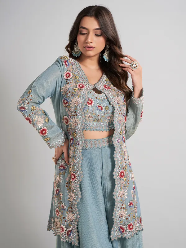 Ice blue designer jacket style silk palazzo suit
