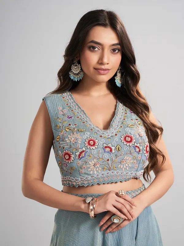 Ice blue designer jacket style silk palazzo suit