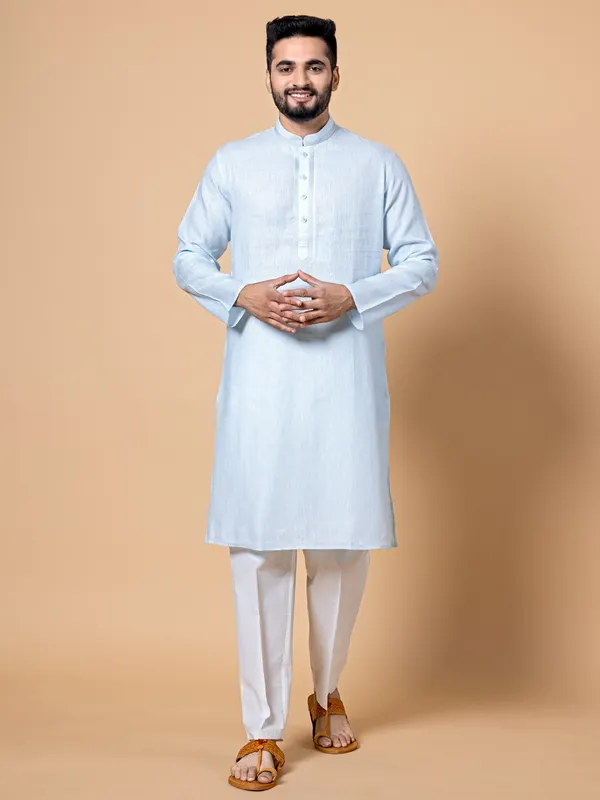 Ice blue linen plain kurta suit