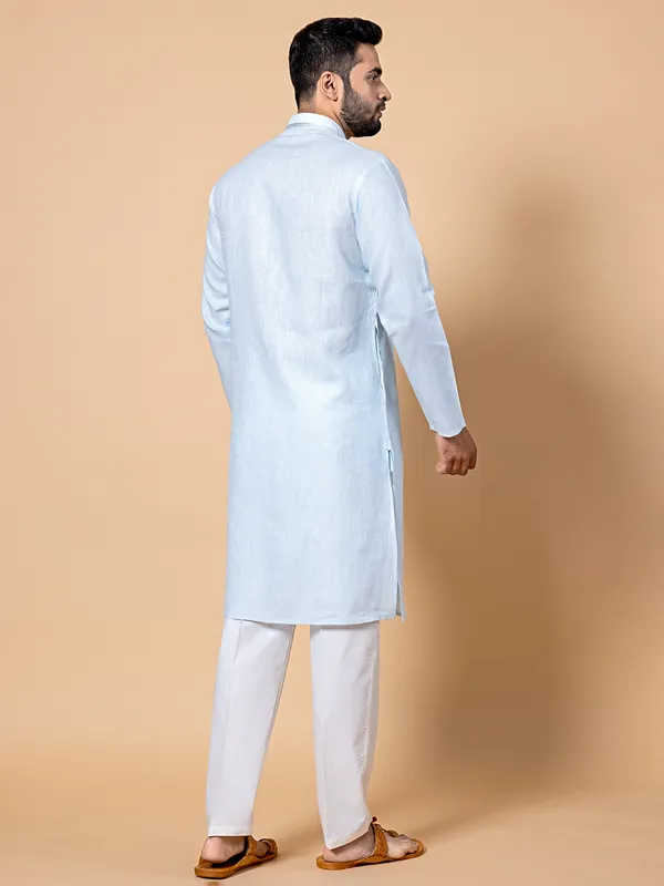 Ice blue linen plain kurta suit