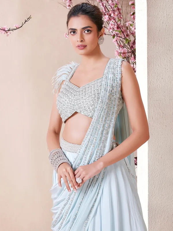 Ice-blue satin lehenga choli