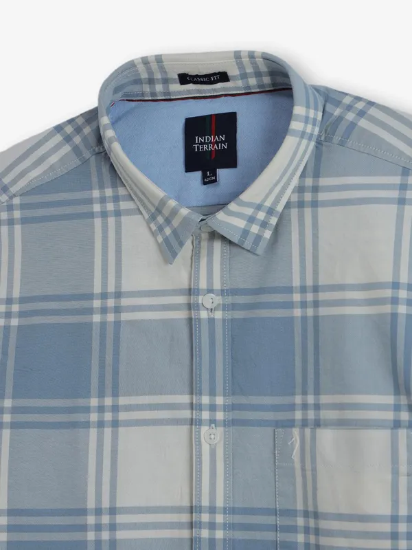 INDIAN TARRAIN beige and sky checked cotton shirt