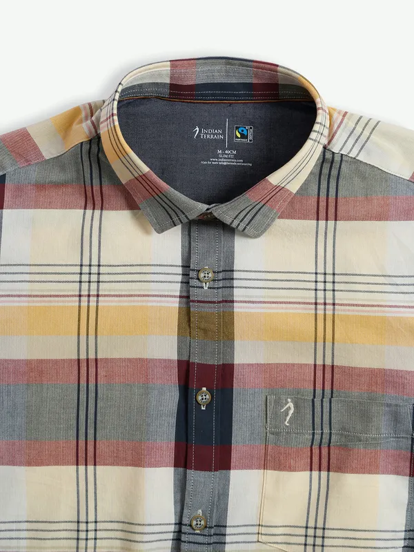 Indian Terrain light yellow cotton checks shirt