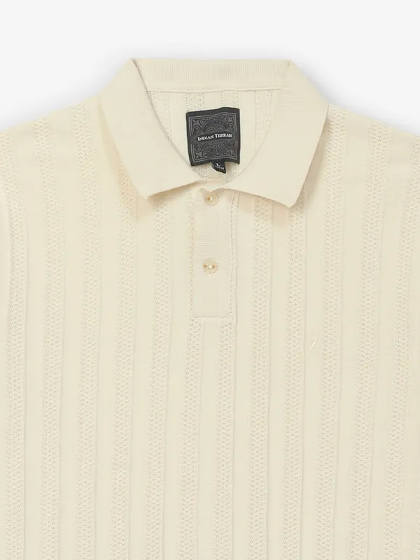 INDIAN TERRAIN textured off white cotton polo tshirt