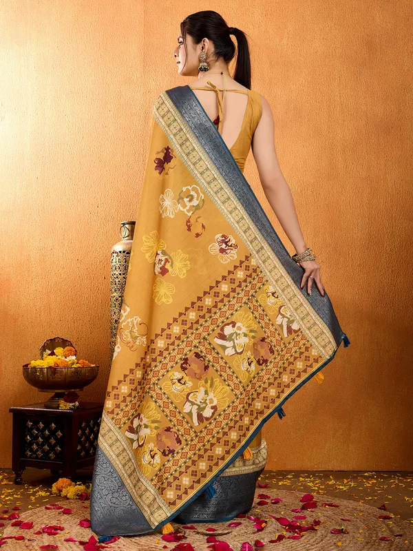 Indian yellow crepe silk digital printed saree