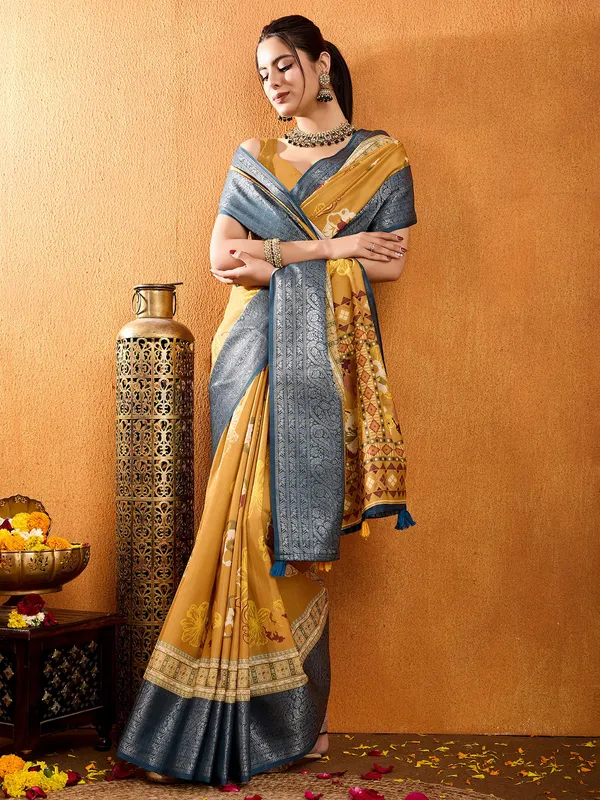 Indian yellow crepe silk digital printed saree