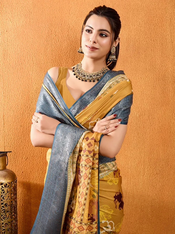 Indian yellow crepe silk digital printed saree