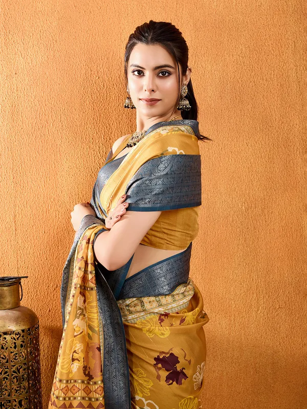 Indian yellow crepe silk digital printed saree