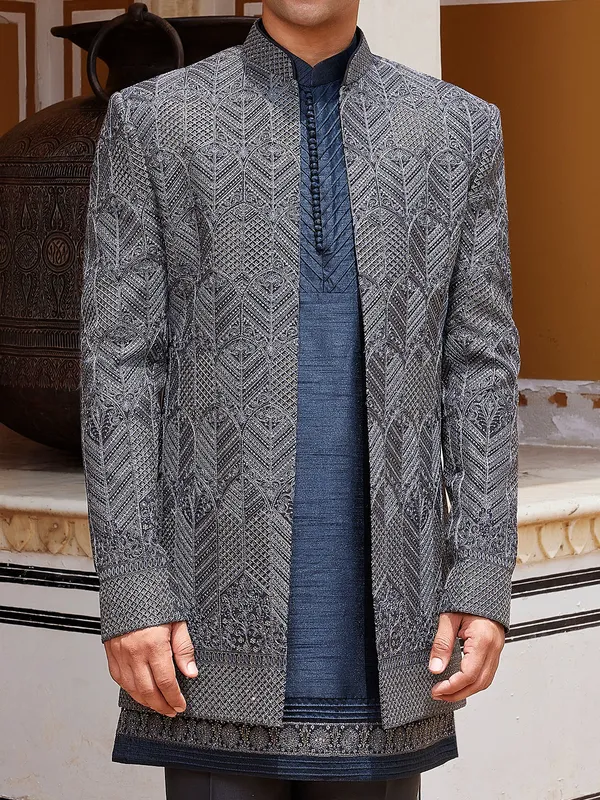 Indigo blue charming indo western in raw silk for men