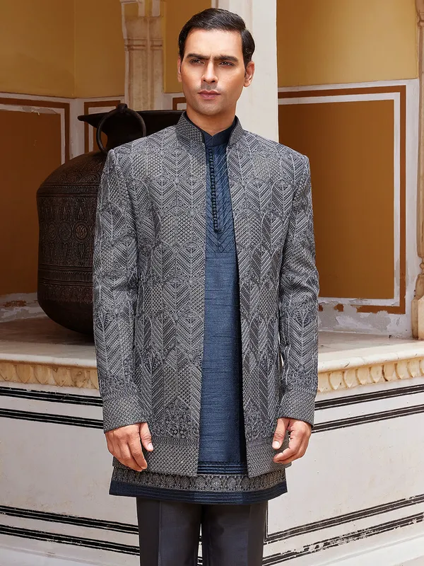 Indigo blue charming indo western in raw silk for men