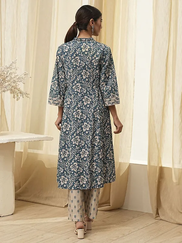 Indigo blue printed cotton silk kurti set