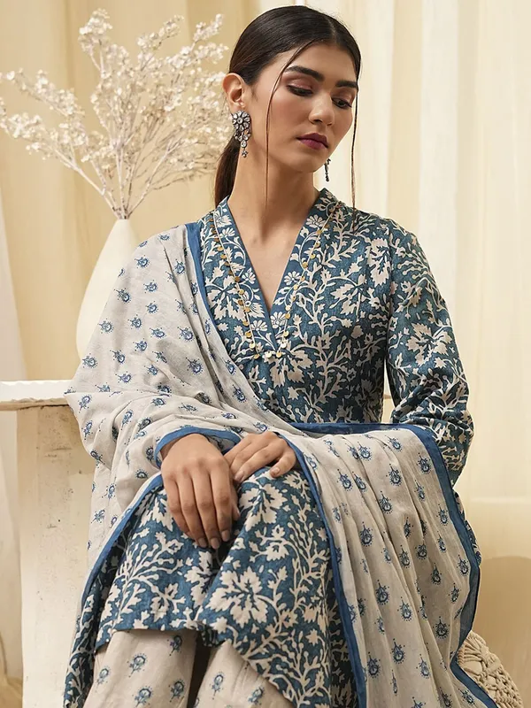 Indigo blue printed cotton silk kurti set